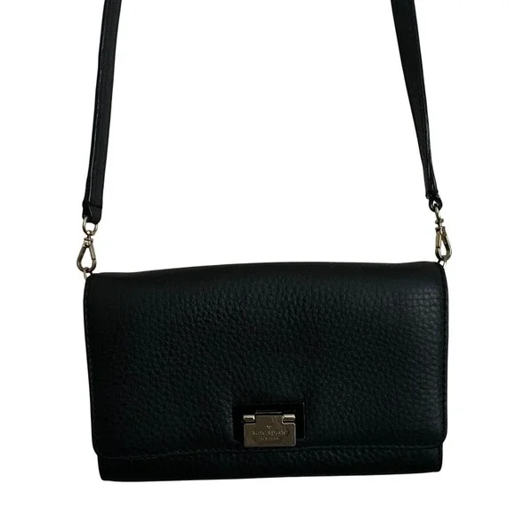 Kate Spade Black Pebbled Leather Crossbody Shoulder Bag Mini Gold Old Money - Picture 3 of 12